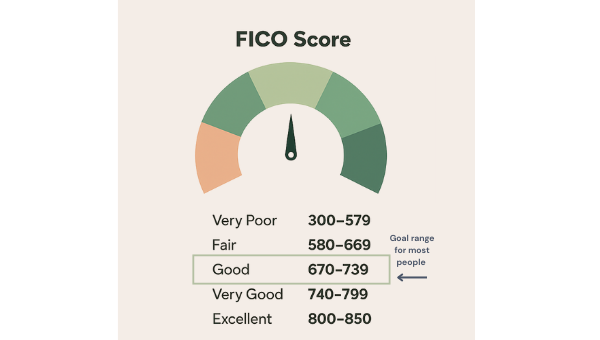 What is a good credit score? FICO credit score ranges: Poor 300–579, Fair 580–669, Good 670–739, Very Good 740–799, Exceptional 800–850.