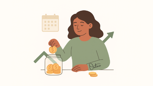 Ilustración mostrando alguien ahorrando pequeñas cantidades consistentemente para construir un fondo de emergencia con el tiempo.