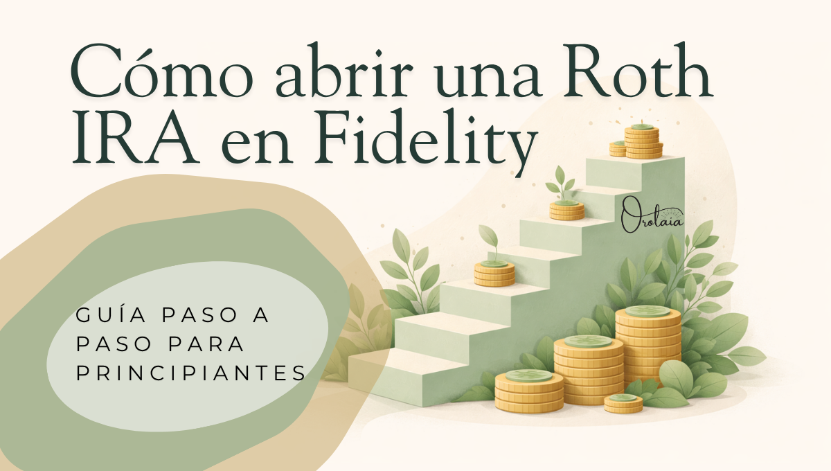 Ilustración de un camino ascendente con monedas creciendo, representando el proceso paso a paso para abrir e invertir en una Roth IRA en Fidelity.