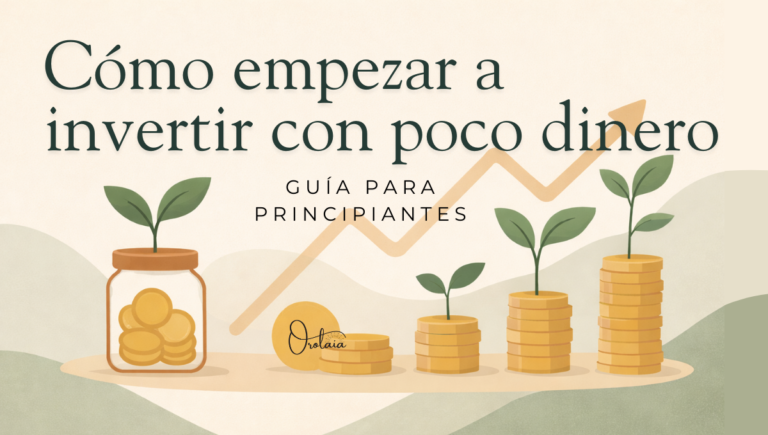 Ilustración de monedas que crecen como plantas con una flecha ascendente, representando invertir y construir riqueza con el tiempo.
