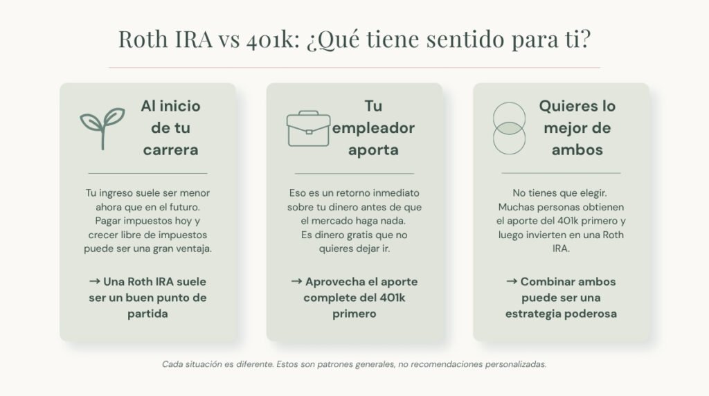 Visual comparativo entre Roth IRA y 401k que muestra en qué situaciones cada cuenta puede ser más conveniente según tu etapa profesional, beneficios del empleador y estrategia de inversión.
